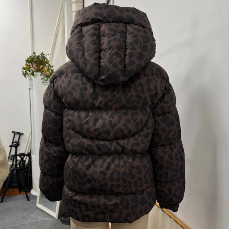 Casual Leopard Print Hooded Puffer Jacket For Women