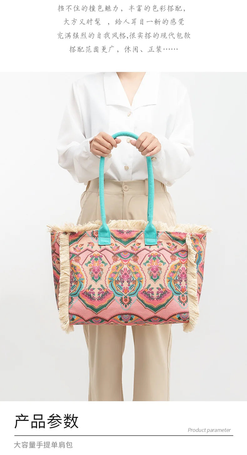 Tote bag Bohemian retro shoulder bag Zipper handbag Large capacity canvas bag Women's summer