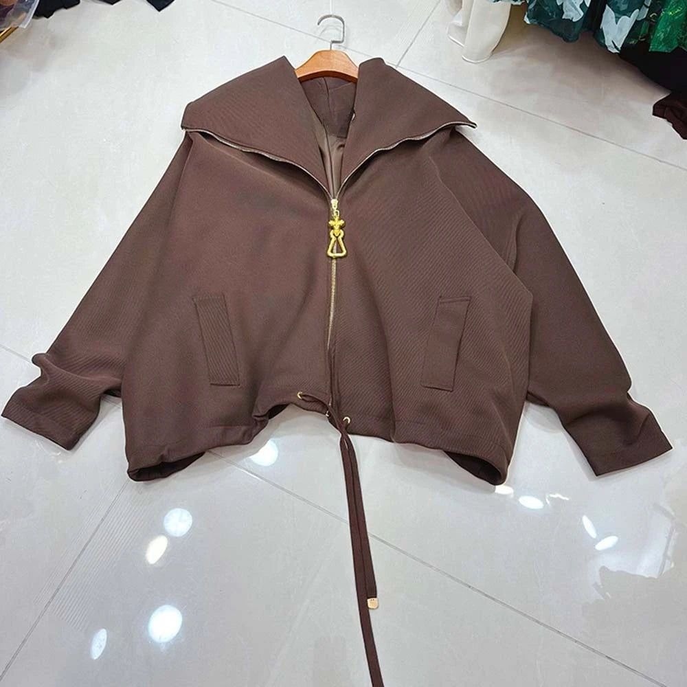 TWOTWINSTYLE Solid Design Sense Loose Jackets For Women Lapel Long Sleeve Spliced Zipper Casual Jacket Female Fashion KJA542480