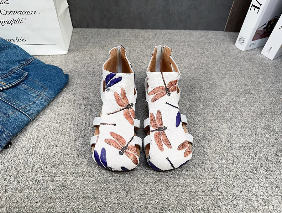 Flat Printed Genuine Leather Roman Sandals for Women