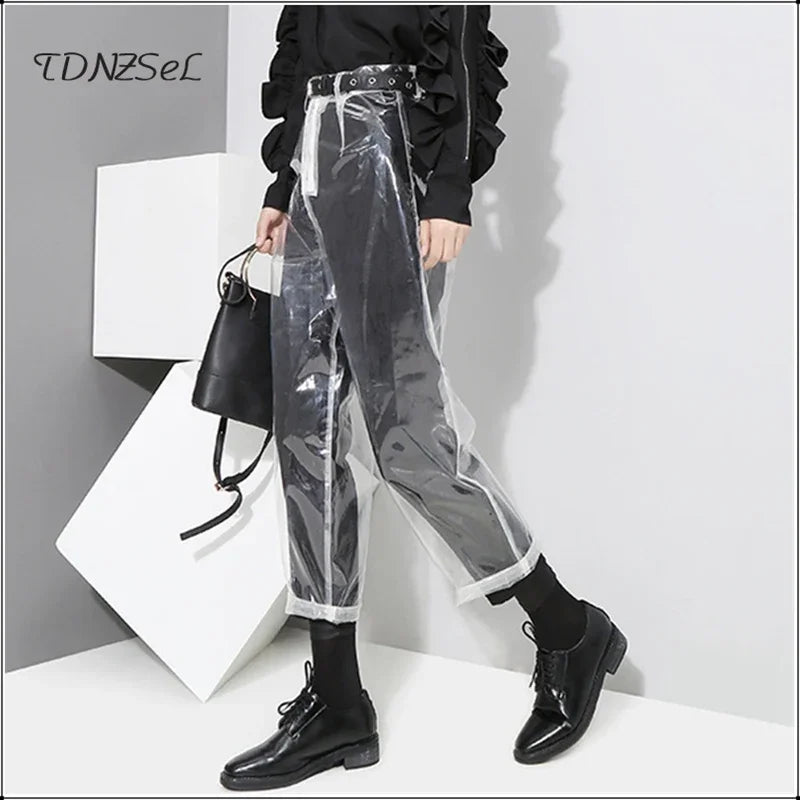 Transparent Loose PVC Straight Pants With Elastic Waist For Women