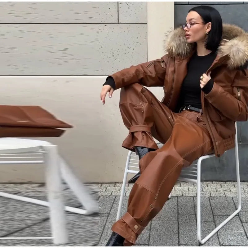 Fur Collar Women 's Leather Jackets Vintage Hooded Zipper Pockets Full Sleeve Jackets Lady 2025 New Woman Winter Coats Outwears