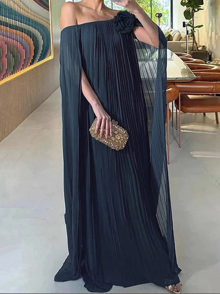 Gymystars Elegant Off Shoulder Maxi Dress Gauze Pleated Evening Dresses New Casual High Waist Tiered Luxury Party Women Dresses