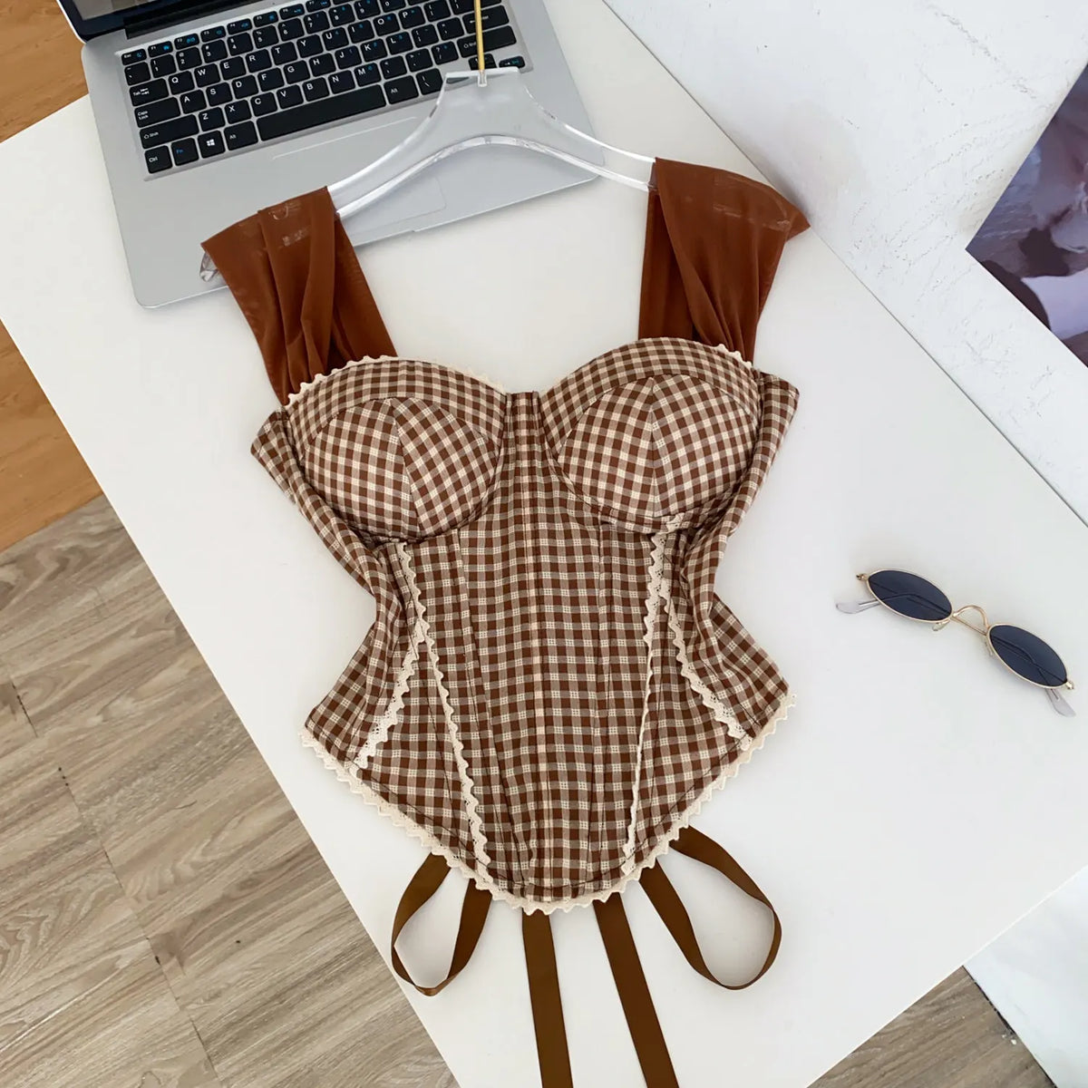 Retro Gingham Lace Up Bustier Corset Top for Women