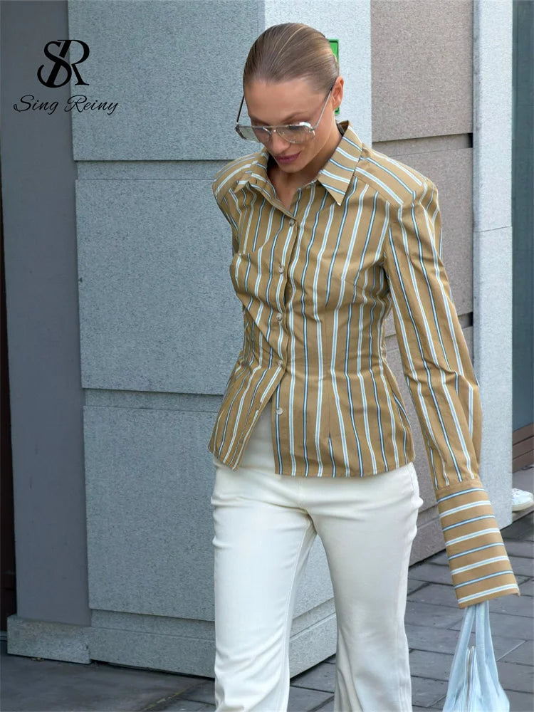 French Retro Striped Button Up Long Sleeve Blouse for Women