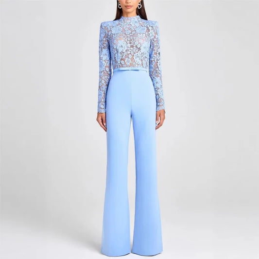 Embroidery Lace Blue Jumpsuits Women Sexy Slim Long-sleeved Belt High Waist Jumpsuit Female 2025 Casual Lady Party Jumpsuits