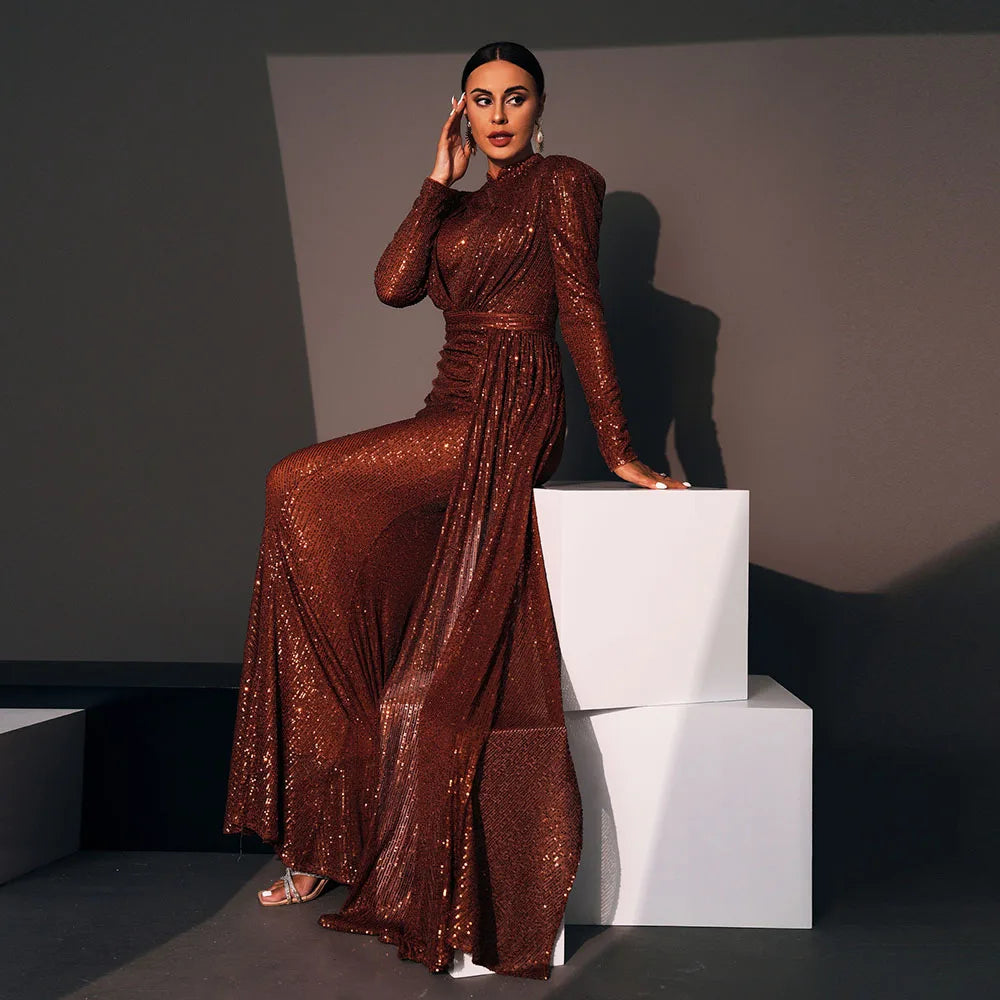Elegant Sequined O-Neck Long Sleeve Floor Length Dress For Women