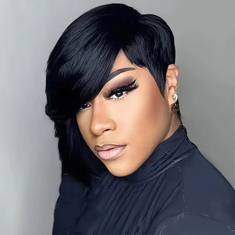 Short Pixie Cut Human Hair Wig With Bangs for Women