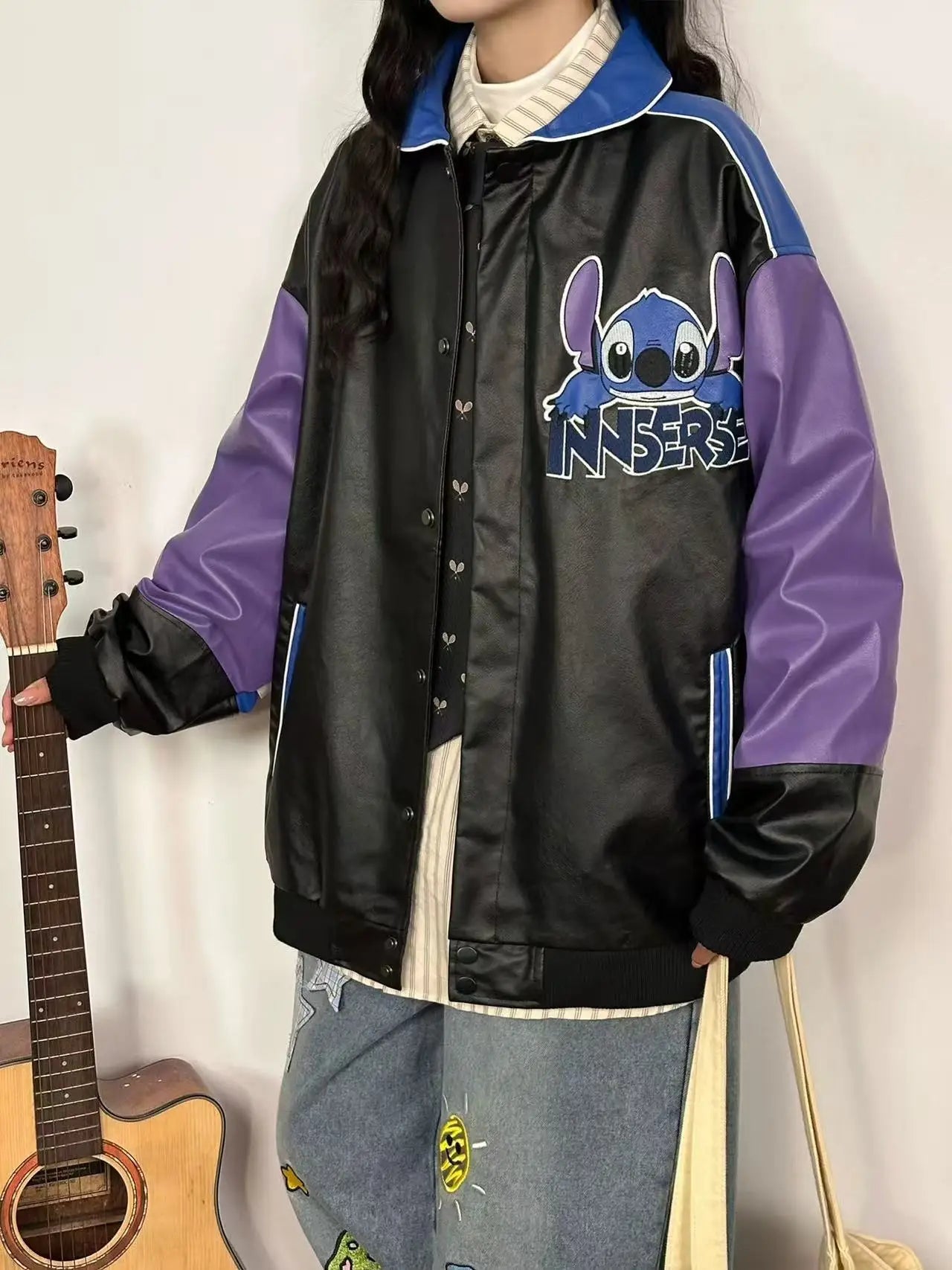 Trendy Cartoon Embroidery Color-Block Stand Collar Jacket Coat for Men and Women Autumn Winter Loose Casual Leather Jacket Coat