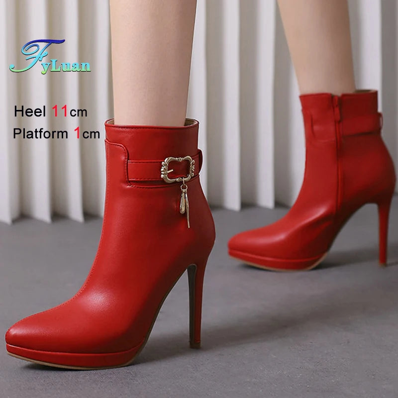 Red High Heel Pointed Toe Ankle Boots