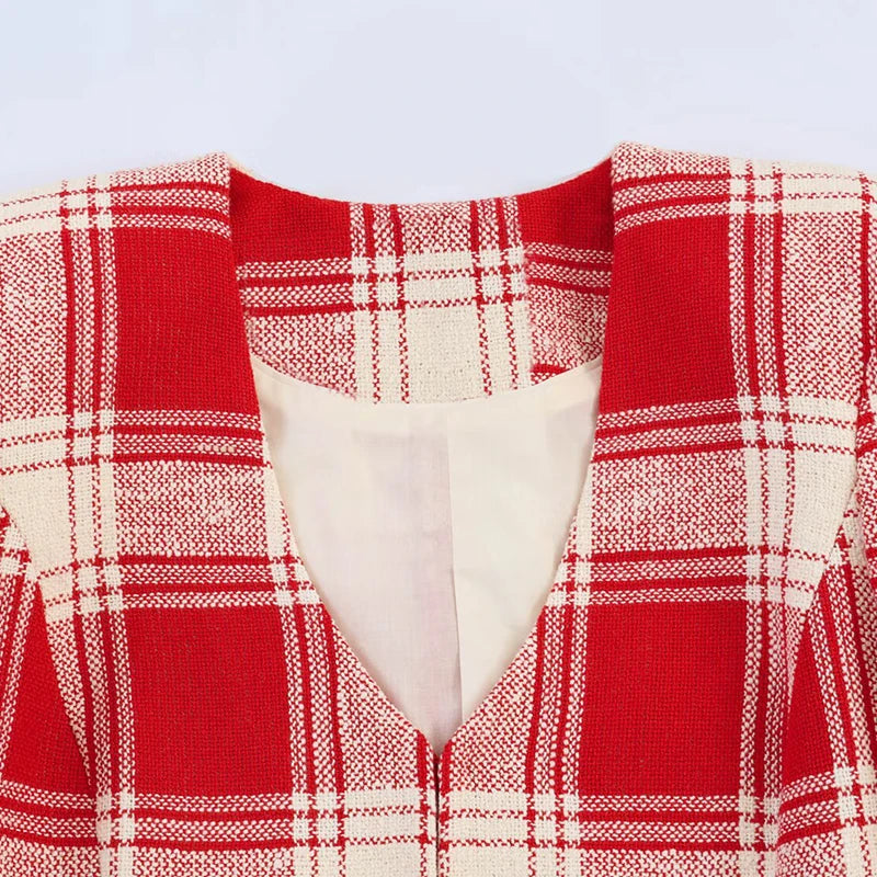 Elegant Plaid Long Sleeve V-Neck Single Breasted Jacket for Women
