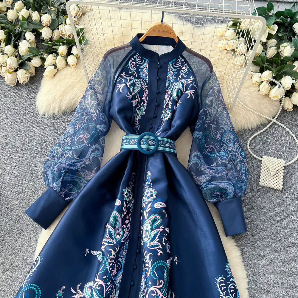Elegant Printed Mesh Spliced A Line Maxi Dress for Women