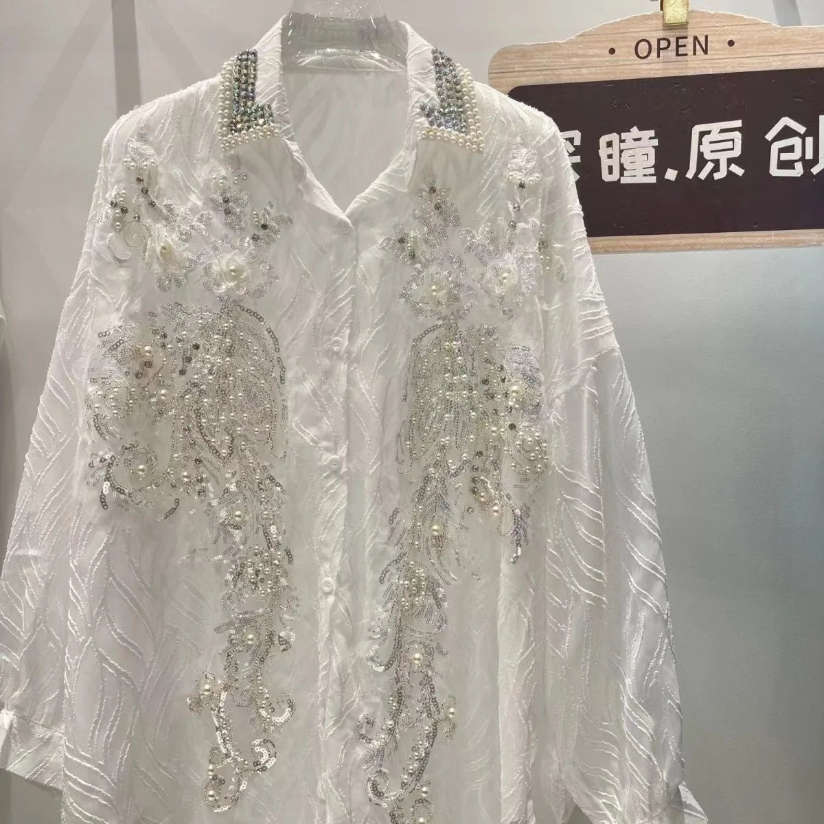 Sequined Embroidery Chiffon Long Sleeve Blouse for Women