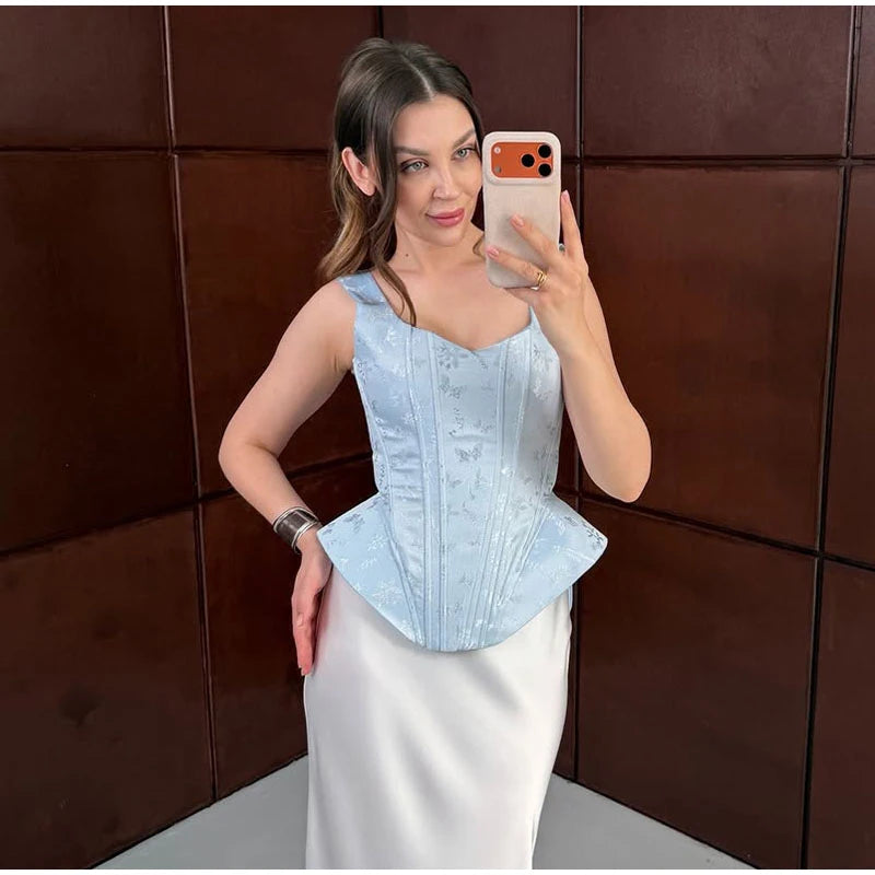 Waist Cinched Jacquard Fishbone Corset Top For Women