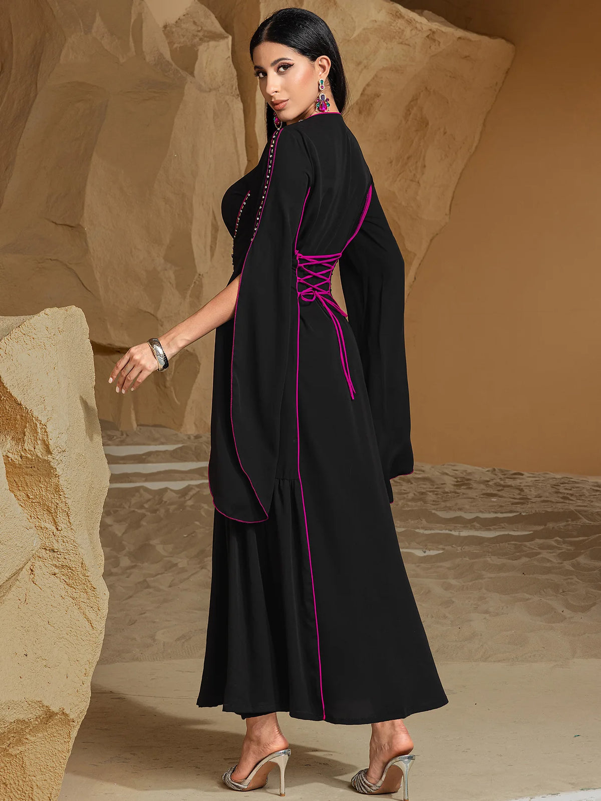 Diamond Embellished Moroccan Kaftan Maxi Dress for Women