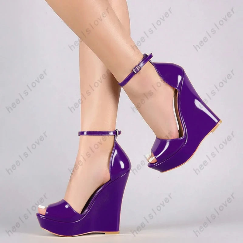 Glossy Peep Toe Platform Wedge Sandals With Buckle Strap For Women