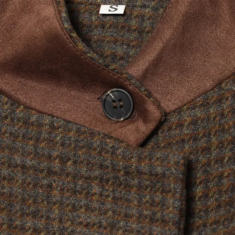 Elegant Grid Stand Collar Loose Single Breasted Woolen Coat for Women