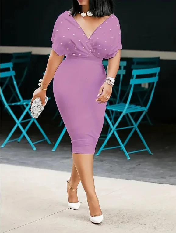 Elegant Solid V Neck Short Sleeve Knee Length Dress for Women