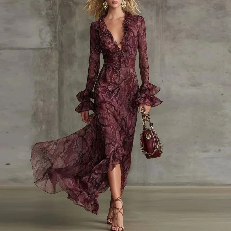 Snake Print V Neck Ruffle Sleeve Maxi Dress for Women