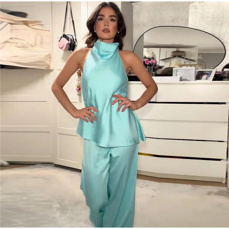 Turquoise Satin Cowl Neck Halter Top And Wide Leg Pants 2 Piece Set For Women