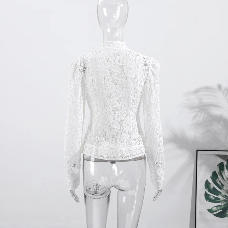 Elegant Embroidered Puff Sleeve Hollow Out Lace Blouse for Women