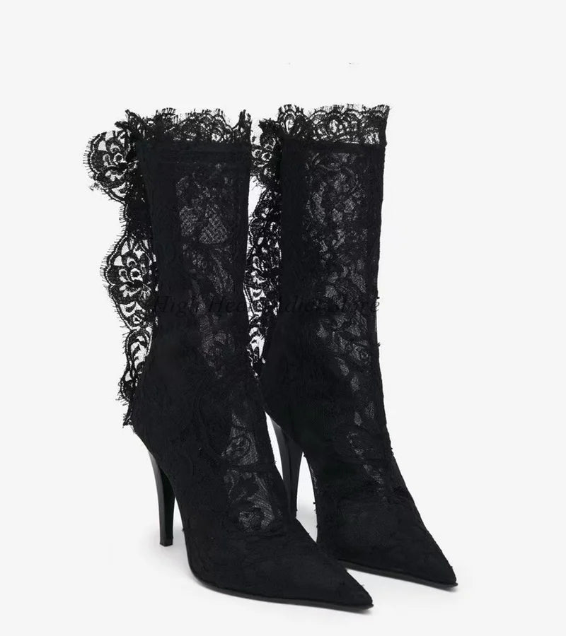 Lace Embroidered Pointed Toe High Heel Ankle Boots For Women