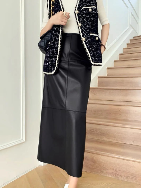 Long Skirt For Women 2025 New Fashion Vintage Black Genuine Sheepskin Leather Pencil Skirts High Waist Elegant Luxury