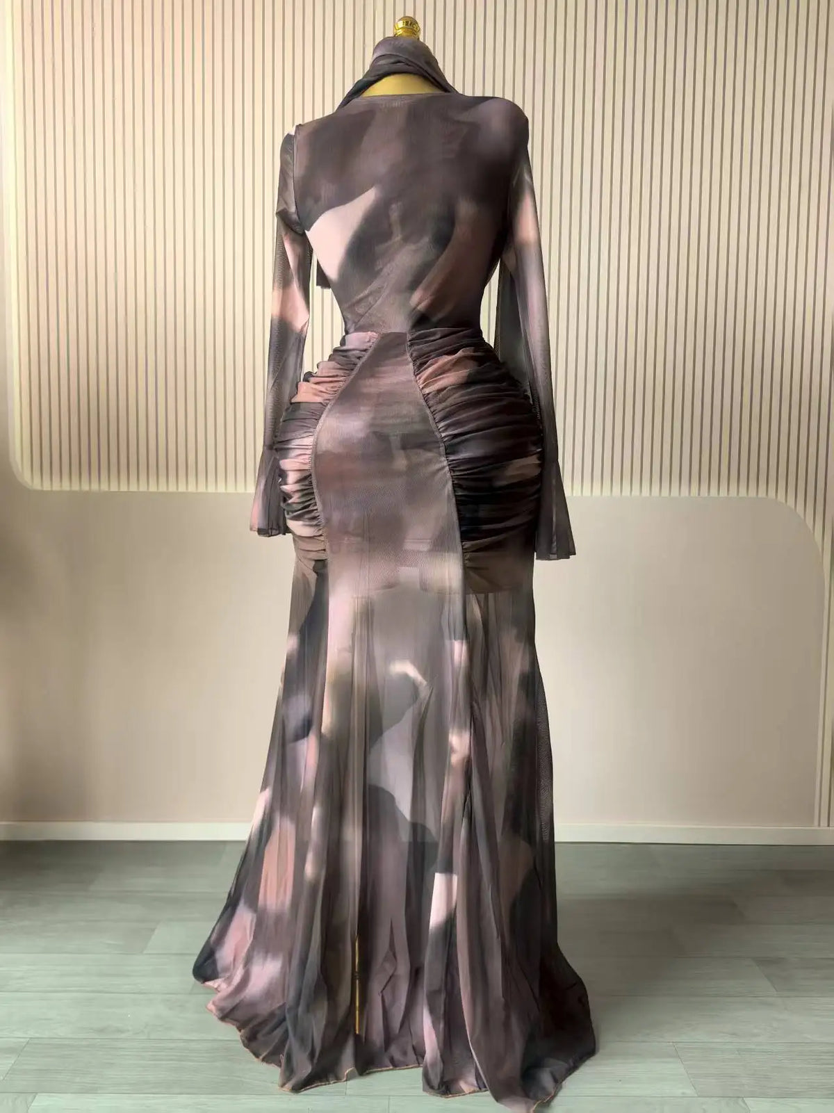 Tie Dye Ruched Skew Neck Long Sleeve Maxi Dress for Women