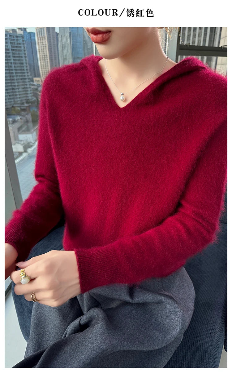 Loose Fit Thick Knit Hooded V-Neck Sweater for Women
