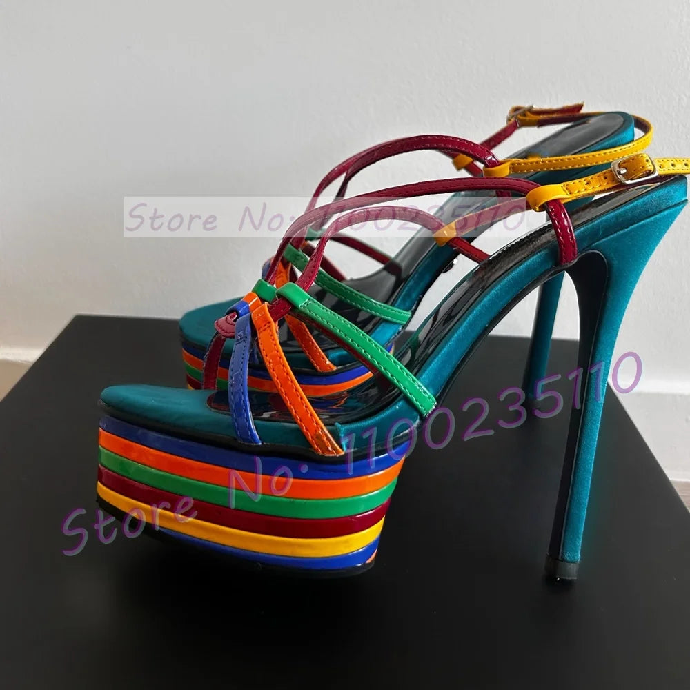 Colorful Striped Ankle Strap Platform Sandals For Women
