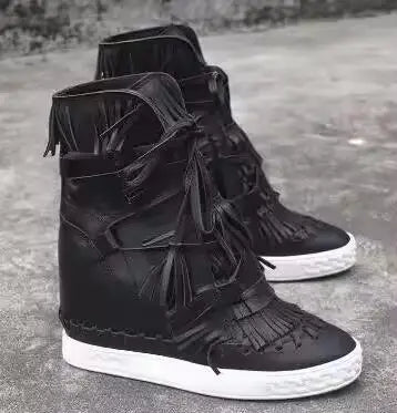 Girls Beige Black Gray Pink Suede Genuine Leather Round Toe Tassel Fringed 8 CM Height Increasing Wedges Sneakers Ankle Boots