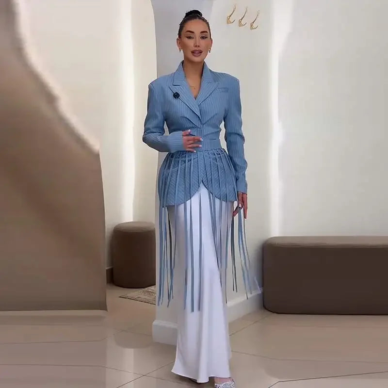 Striped Full Sleeve Blazer With Detachable Tassel Lapel for Women