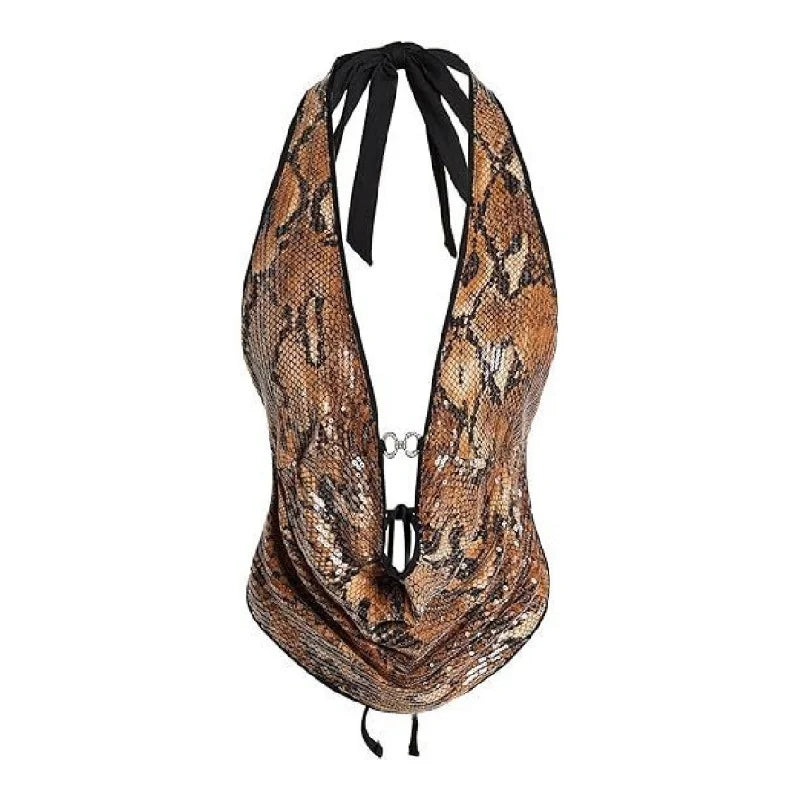 Sequin Snake Print Open Back Sleeveless Halter Top for Women