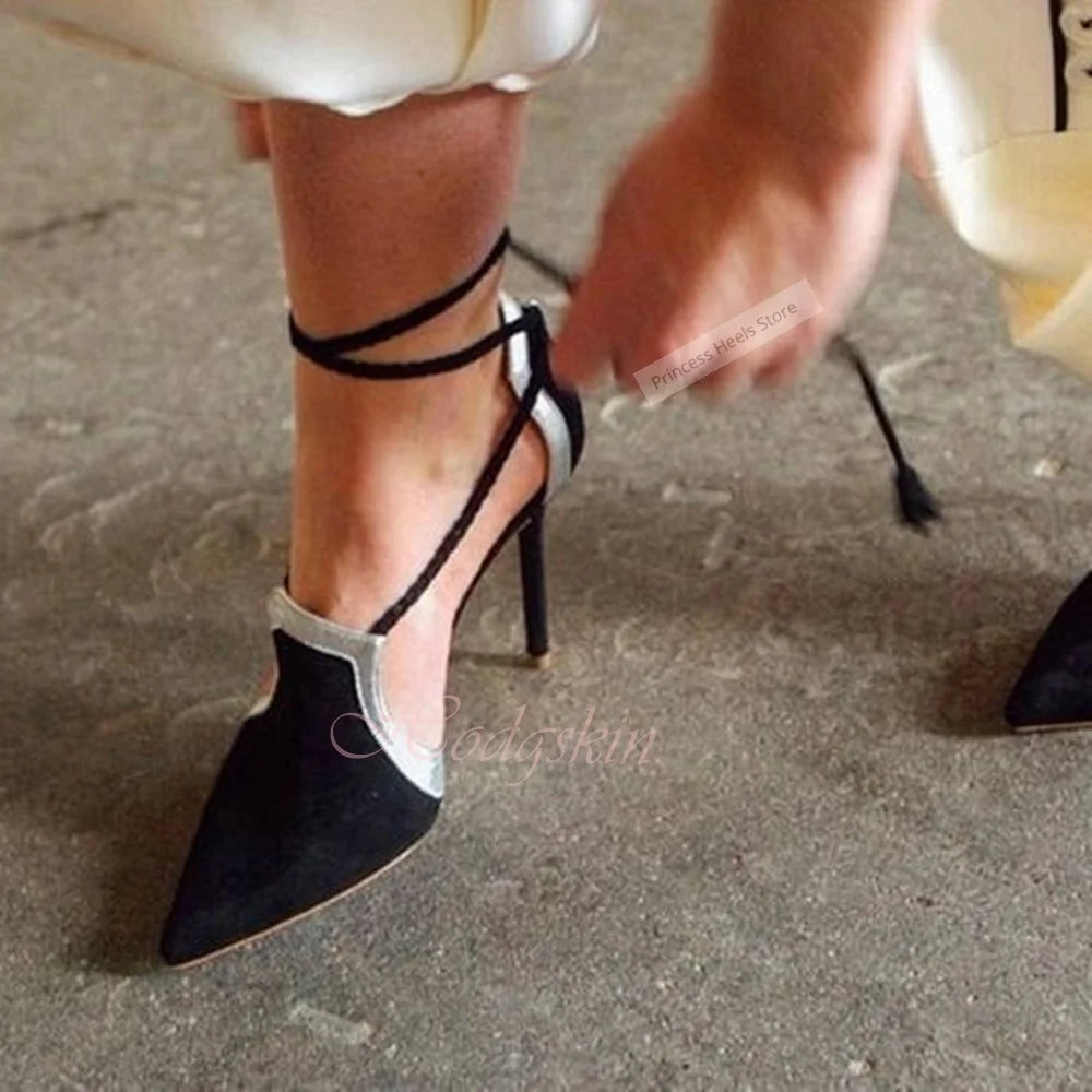 Pointed Toe Suede Straps Lace Up Sandals for Women