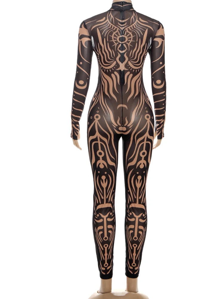 Nibber See Through Jumpsuit Women High Neck Vintage Print Long Sleeve Stretch Skinny Sexy Midnight Fashion Wild Street Outfits