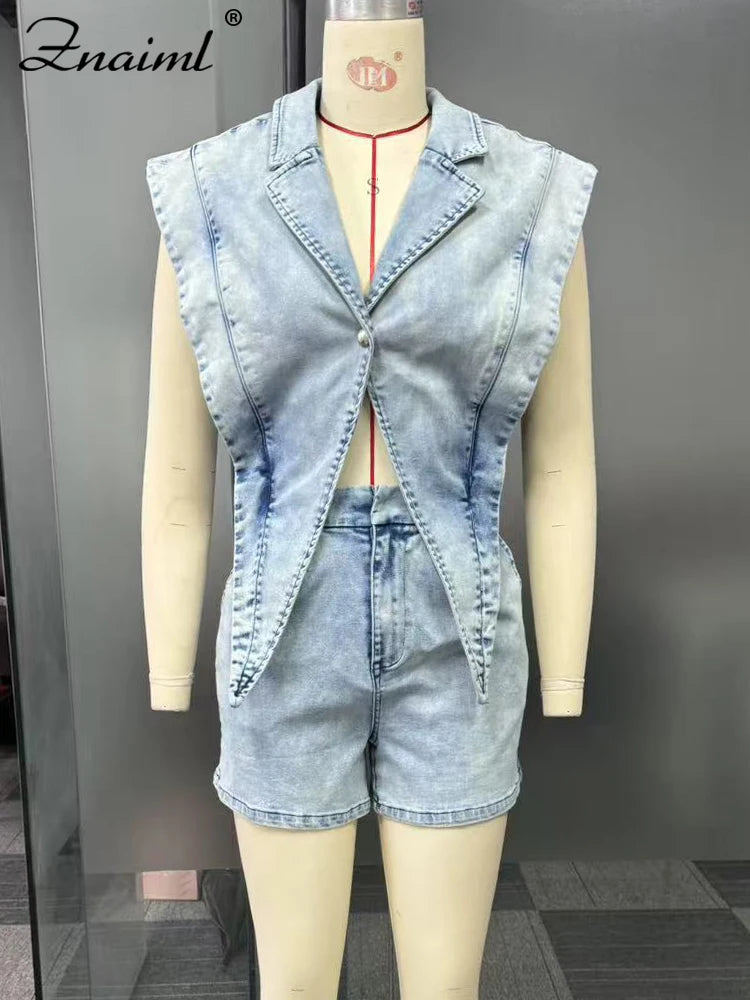 Znaiml Women Lapel Sleeveless Playsuits Fashion Denim Blue Shorts Jumpsuits Hollow Out Button Overalls Jeans One Pieces Rompers
