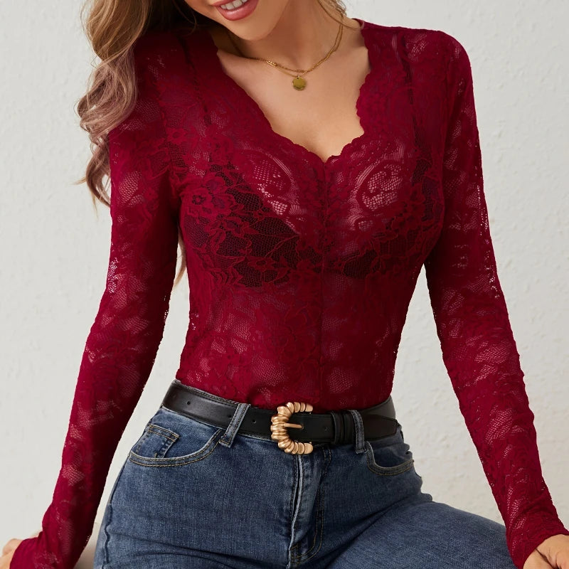 V-Neck Sheer Lace Long Sleeve Top with Scallop Trim for Women