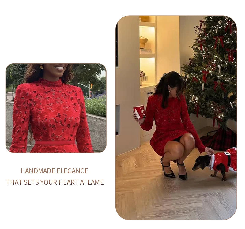 Retro Glamour Red Lace Waist-Cinched Mini Dress for Women