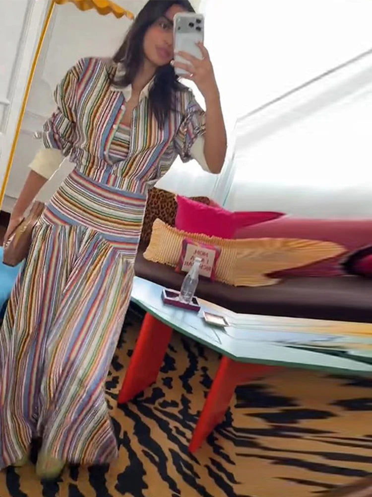 Elegant Multicolor Striped Puff Sleeve Maxi Dress For Women