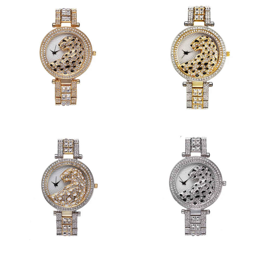 MISSFOX Women Quartz Watch Fashion Bling Casual Ladies Watches Female Quartz Gold Watch Crystal Diamond Leopard For Women Clock