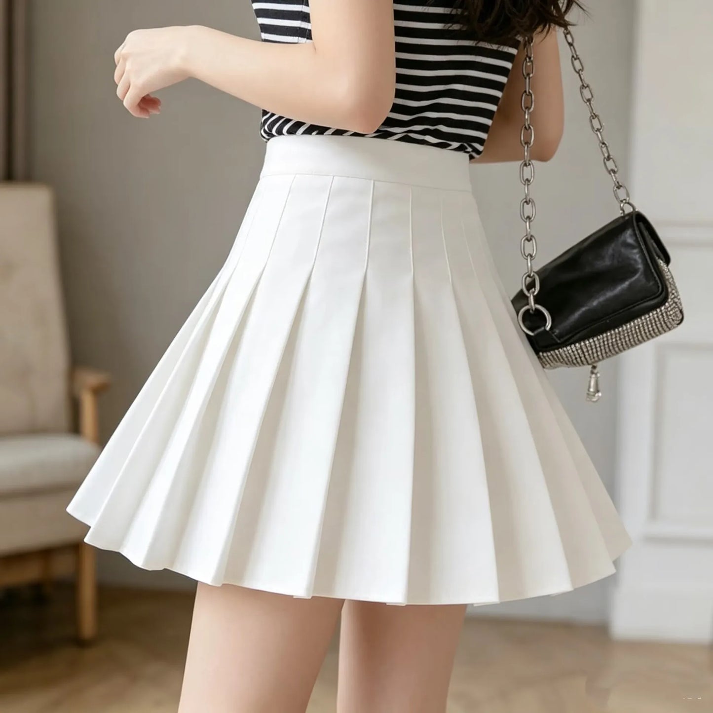 White High Waist Pleated Mini Skirt With Built In Shorts For Women