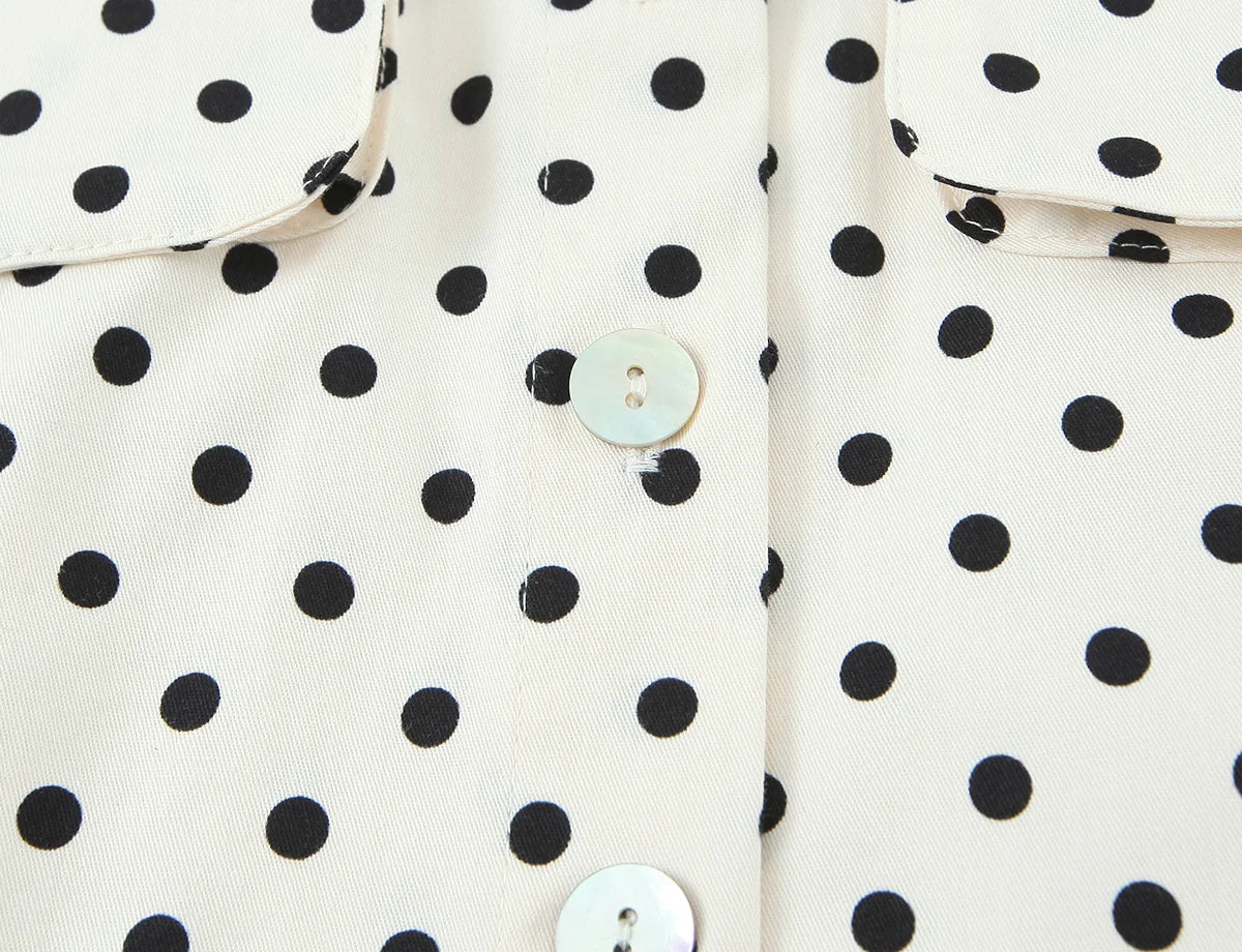 Polka Dot Shirt Jacket and Capri Pants Two Piece Set for Women
