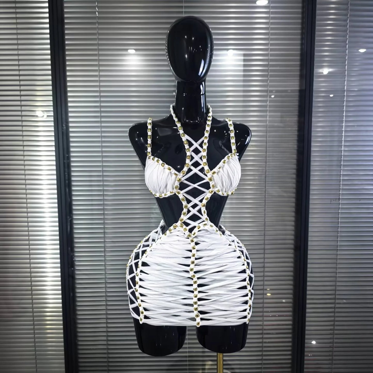 New White Color Women Sexy Halter Hollow Out Bodycon Mini Dress Celebrate Nightclub Party Bar Singer TV Show Performance Costume