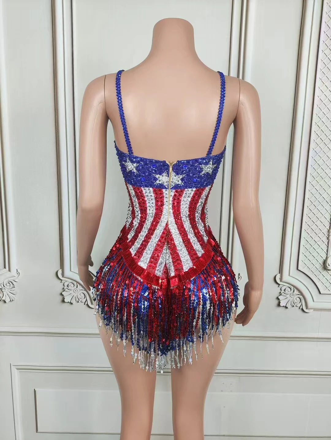 American Flag Crystal Tassel Dance Bodysuit for Women