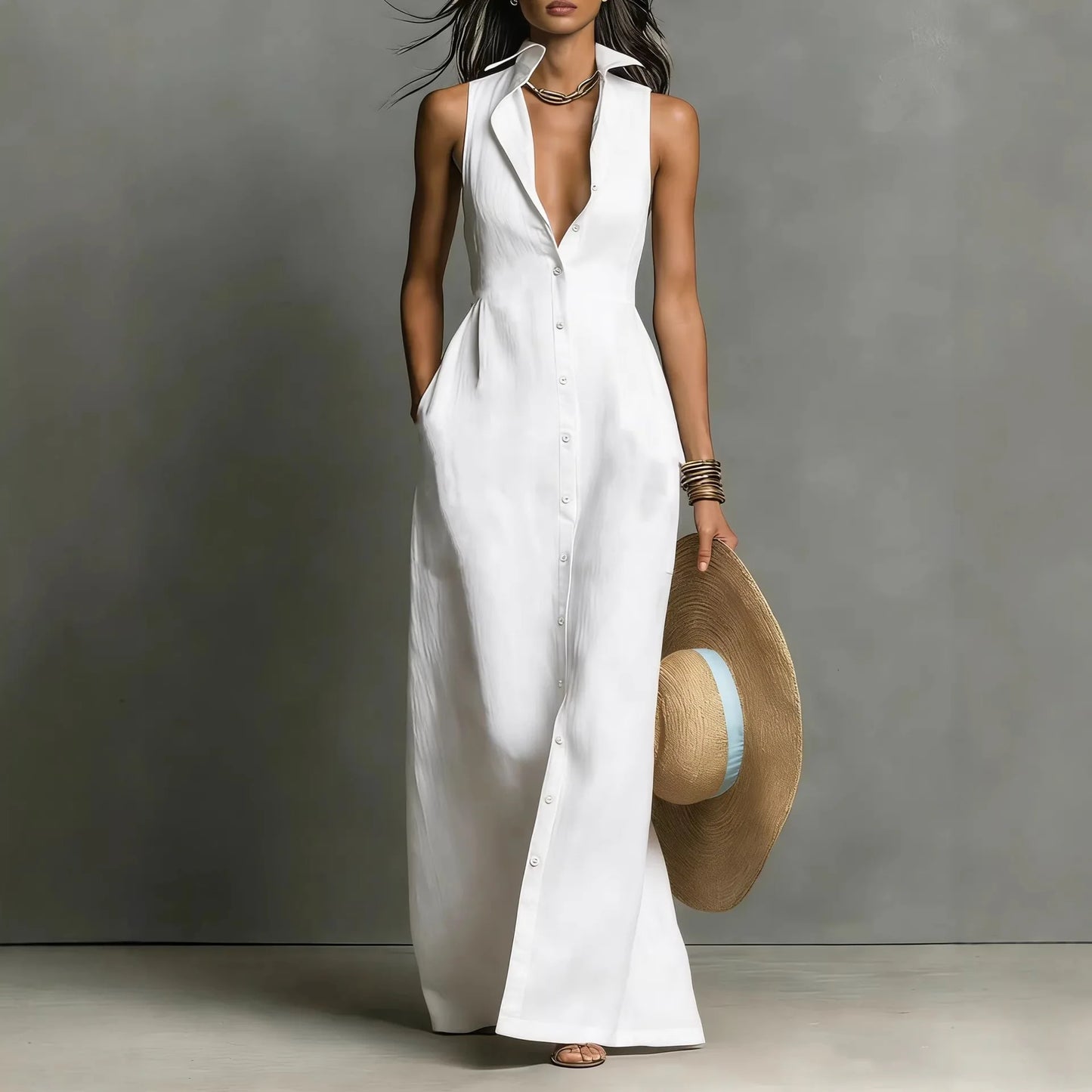 Elegant Deep V Neck Button Pocket Maxi Dress for Women