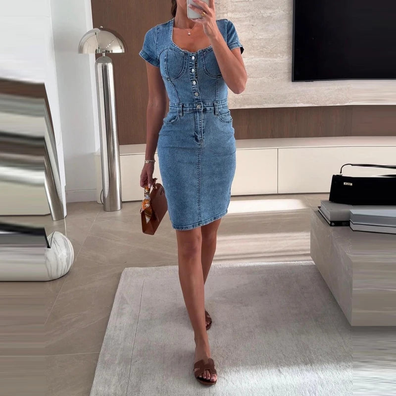 Casual Denim A Line Mini Dress With Pockets for Women