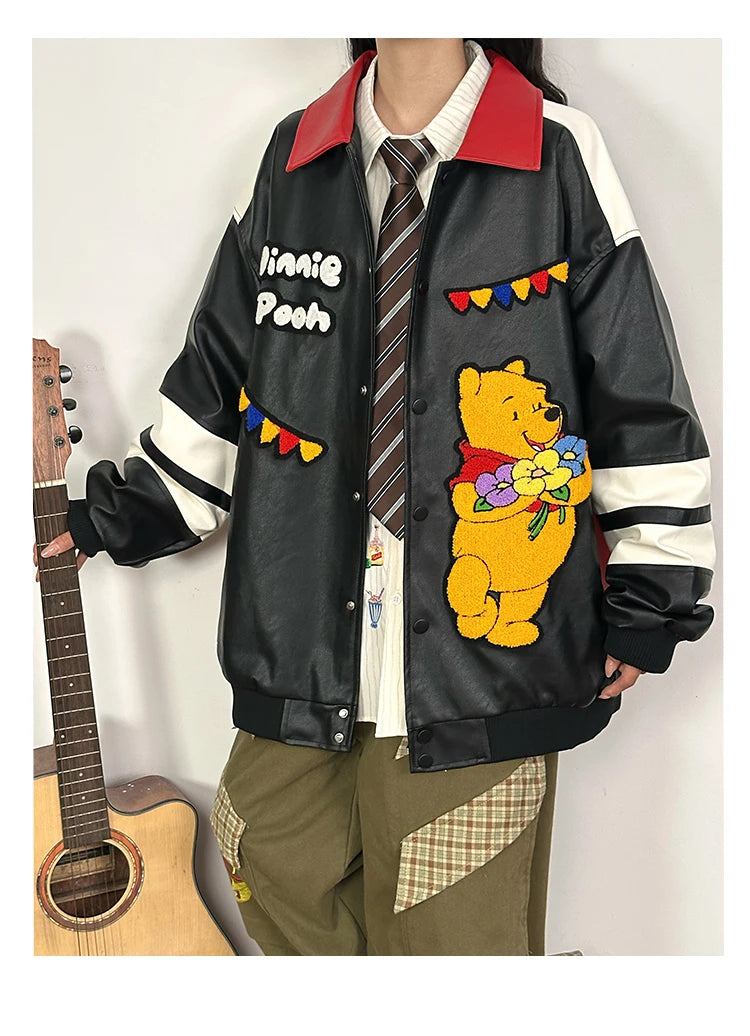 American Retro Bear PU Leather Jacket for Women Autumn and Winter Casual Loose Top Loose-Fitting Casual Couple Leather Jacke