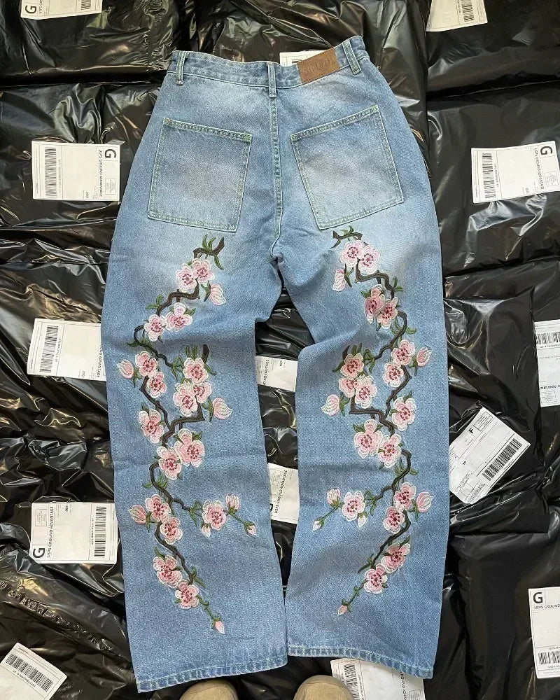 Vintage Cherry Blossom Embroidery Baggy Jeans Women Y2k Harajuku Hip Hop Casual 2000s Wide Trousers American Gothic Streetwear