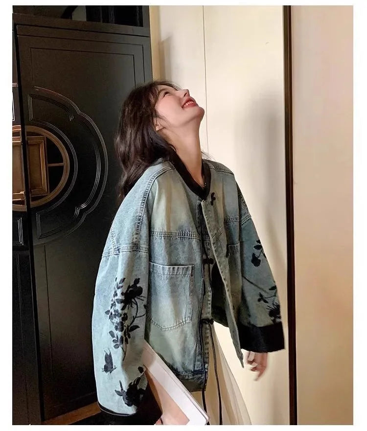 Plus Size Embroidered Denim Jacket