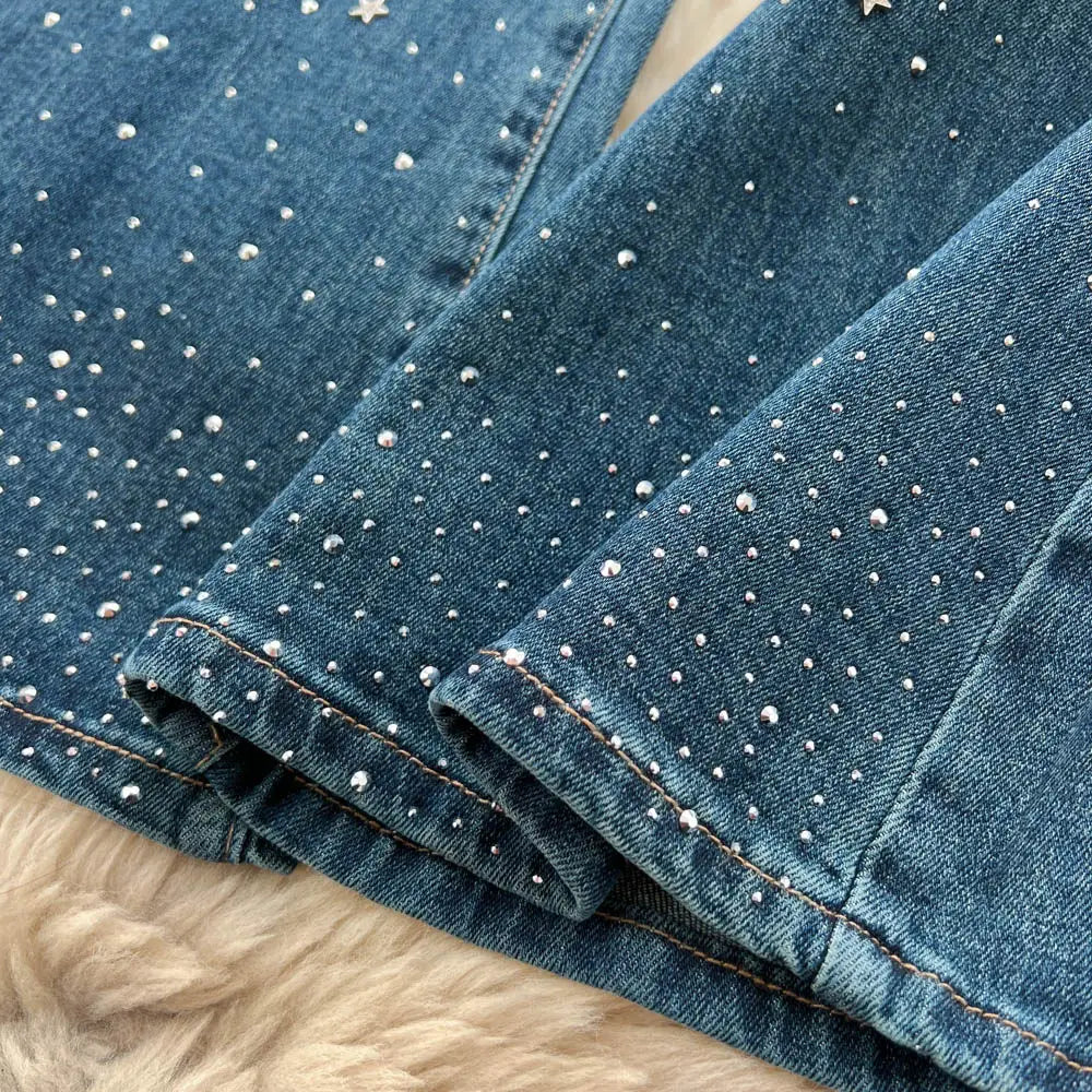 High-Waisted Rhinestone Embellished Flare Jeans for Women